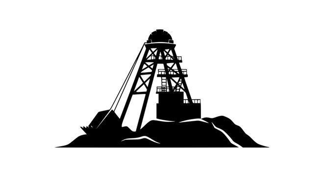 Silhouette of a mining headframe and excavator bucket on a rock pile