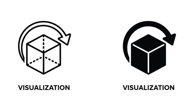 Three dimensional object rotation visualization icon in outline and solid black graphic style for technical software