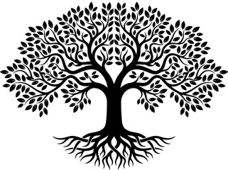 Obraz premium Tree of Life Silhouette with Roots and Leaves - Symmetrical Vector Illustration of Strength and Growth