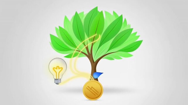A tree growing out of a coin with a lightbulb.