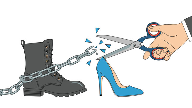 Gender equality and breaking barriers concept showing hand with scissors cutting heavy chain connecting rugged boot and blue high heel shoe.
