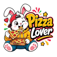 Naklejka premium Bunny eat pizza,T-Shirt Design, Bold Typography Be happy ,Vector ,Graphic Tee 