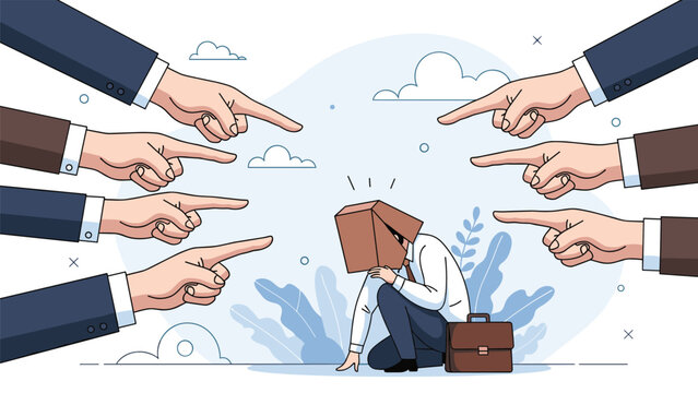Workplace bullying and blame concept showing group of hands pointing fingers at man with cardboard box on his head hiding from criticism.