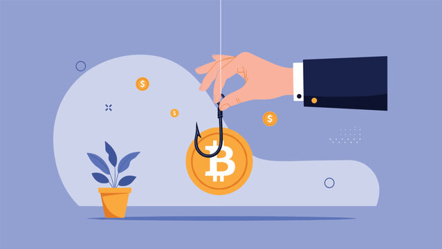 Cryptocurrency scam and phishing alert concept showing hand using fishing hook with bitcoin coin to lure unsuspecting digital investors.