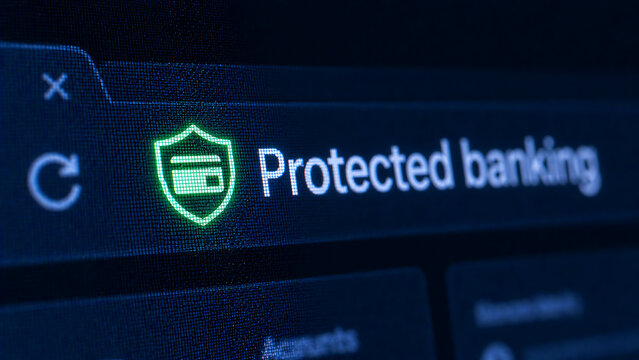 Protected banking web browser interface with green shield security icon ensuring safe online financial transaction on screen