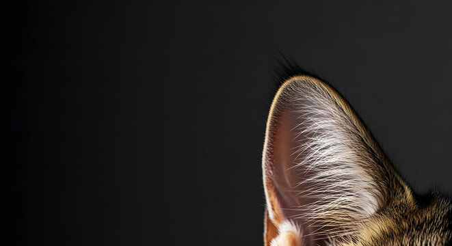 Close-up of a domestic cat ear with soft fur and whiskers against a dark background