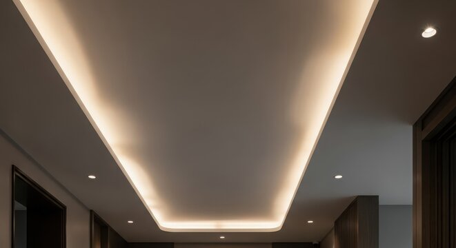 Modern interior ceiling design with subtle linear ambient lighting and recessed downlights