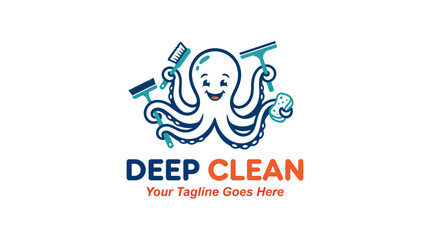 This playful logo with an octopus character represents Deep Clean, a cleaning service, capturing fun and approachability while showcasing the theme of cleanliness. © cui