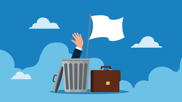 Arm waving a white flag from inside a trash can next to a brown briefcase symbolizing business failure and surrender during an economic crisis.