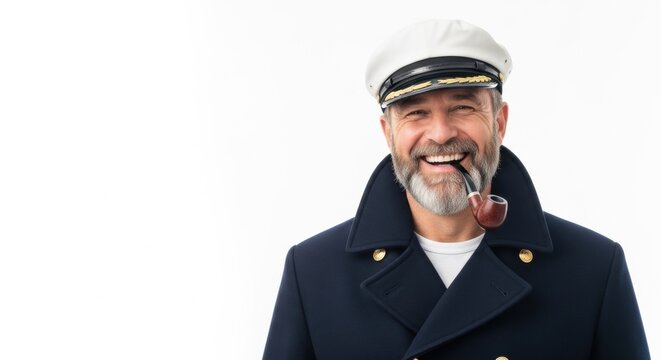 Smiling man captain wearing navy uniform and white hat holding tobacco pipe in mouth. Professional bearded sailor portrait. Nautical adventure and maritime travel lifestyle concept.