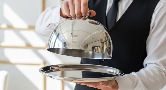 Waiter lifting silver cloche from empty tray in restaurant. Professional service at luxury hotel dining room. Culinary presentation concept for high end cuisine and gourmet menu.
