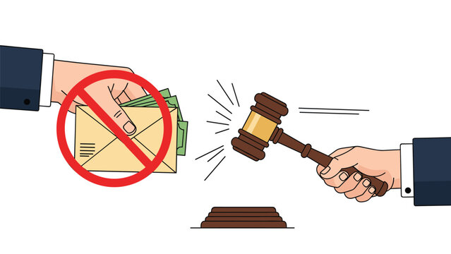 Judicial gavel strikes down on a hand holding a bribe envelope with a red cross symbol showing anti-corruption and legal enforcement.