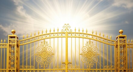 Fototapeta premium Gold gate leading to heaven with bright light. Ornate metal fence against clouds. Symbol of afterlife, entrance into paradise, spiritual transition, faith and religious hope concept.
