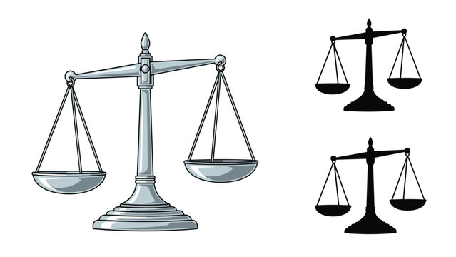 Illustration of a justice scale in three different styles including a detailed metal version and black silhouettes of balanced weight.