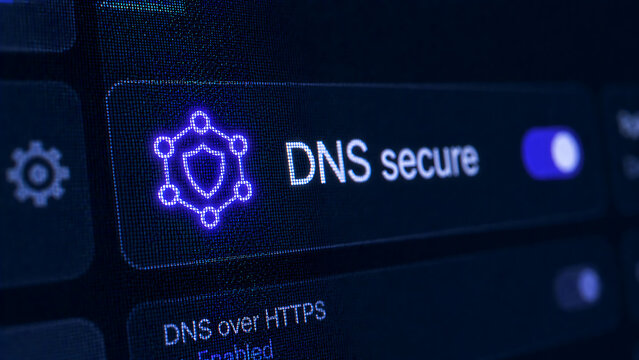 DNS secure settings interface with purple shield icon and enabled toggle switch for encrypted https protocol on screen