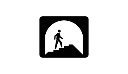 Fototapeta premium Underground passage or subway entrance icon, person walking up stairs in a tunnel, black square symbol.