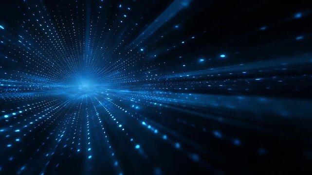 Abstract blue technology tunnel motion background with flying glowing particles and digital light rays creates cinematic speed effect perfect for futuristic data communication visualization.