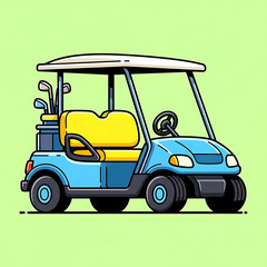 Fototapeta premium Blue golf cart with yellow seats and golf clubs vector illustration