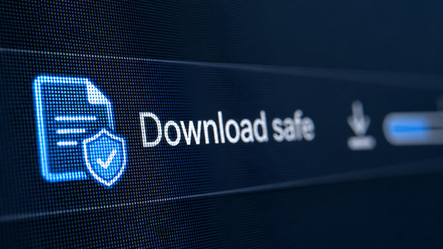Safe download interface with file icon and shield checkmark symbolizing secure file transfer and malware free document on technology screen