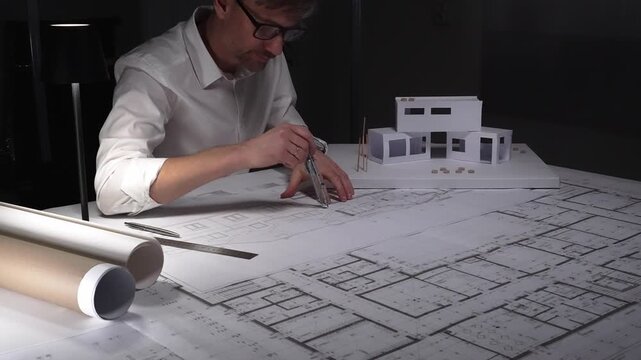 Architect working on building blueprint plans, holding modern house model, designing residential construction project. Business and architect people concept