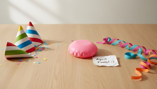 Joyful color image of entertainment party decorations featuring whoopee cushion and april fools note for practical joke concept on a wooden surface with festive accessories