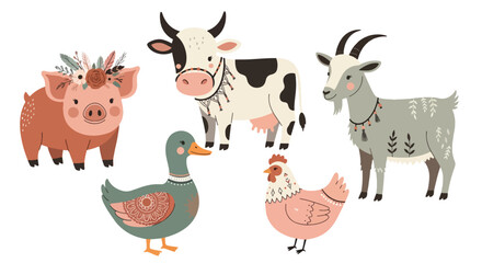 Fototapeta premium Flat illustration of a group of farm animals including a pig, cow, goat, duck, and chicken on a white background.