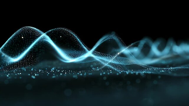 Abstract flowing wave of particles, a digital data visualization representing an ethereal stream of information, light, and energy moving gracefully in seamless looping motion on dark background.
