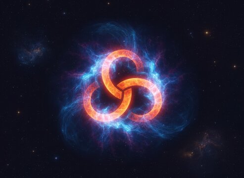 Glowing orange triskelion symbol surrounded by blue nebula clouds