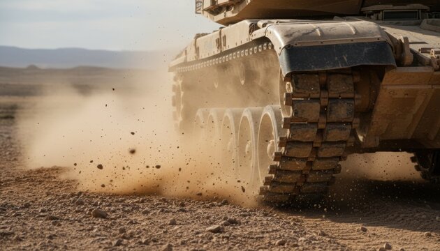Heavy military tank tracks kicking up dust and small rocks while moving across dry desert terrain under bright sunlight during combat training