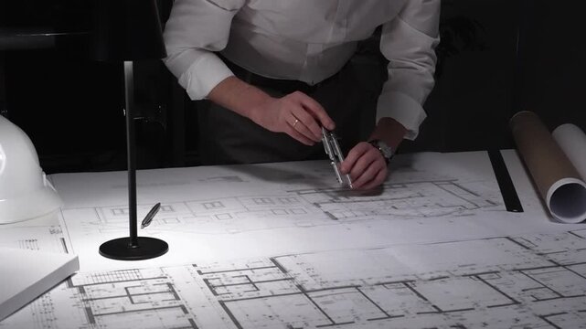 Architect developing blueprint for construction project, drafting building plan using ruler on desk with safety hard hat. Business and architect people concept