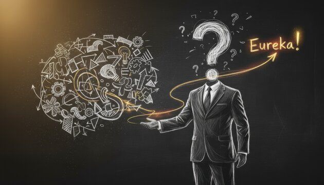 Conceptual illustration of businessman with question mark head solving complex problems leading to eureka moment of creative discovery