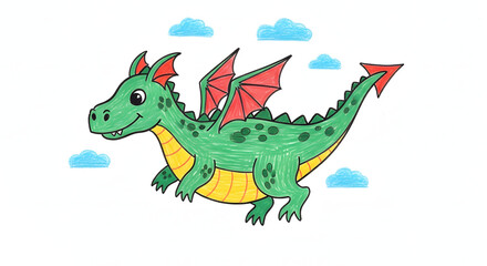Fototapeta premium Colorful cartoon dragon flying among fluffy clouds