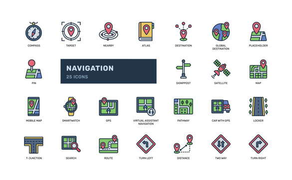 Navigation Colored Outline Icon Set Map GPS Location Direction