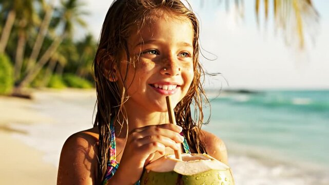 Happy young girl enjoying a coconut drink on a tropical beach vacation during the summer holidays