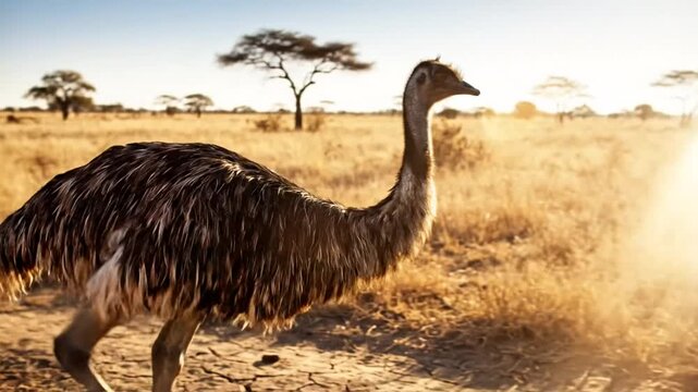 An emu in a golden savanna landscape, walking and observing with trees in the background under a blue sky