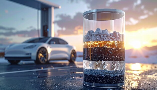 Transparent battery cell showing internal layers of minerals and stones stands near electric car at sunset hour