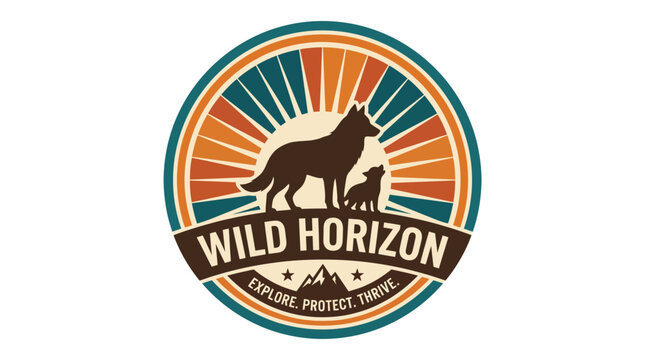 This logo showcases a silhouette of wolves in front of a rising sun, promoting themes of exploration, protection, and conservation in the wild, ideal for outdoor brands.