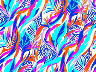 Tropical Seamless Pattern with Vibrant Palm Leaves and Bird of Paradise Flowers, Colorful Exotic Jungle Background for Summer Fashion and Textile Design © Noble
