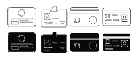 Obraz premium Collection of graphic icons representing identification cards and credit cards in line art and silhouette styles