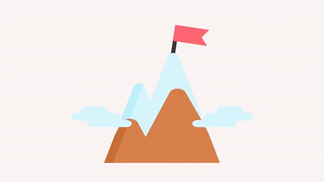 Animated icon of a snow-capped mountain with a red flag on top and two clouds. Symbolizing success, achievement, goals, climbing, or adventure. Ideal for UI elements or motion graphics projects. 4K qu