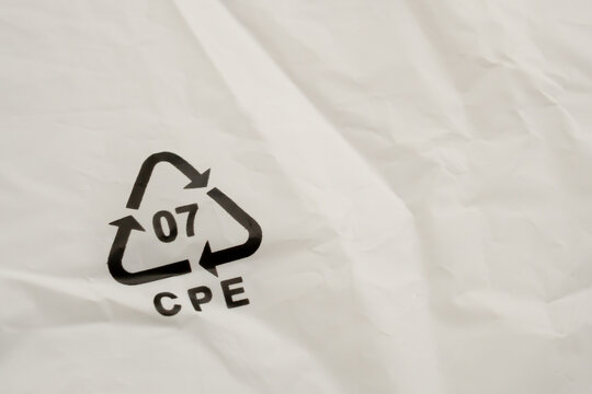 Recycle symbol 07 CPE on white plastic bag, environmental conservation and plastic waste concept
