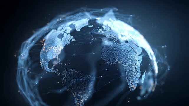 Digital world globe animation showing global network connection with data flow lines and glowing dots over blue background representing internet communication and worldwide business concepts.
