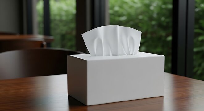 White tissue box on wooden table in indoor setting