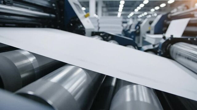 Large Industrial Printing Machine with Rolls of White Paper in a Modern Manufacturing Facility