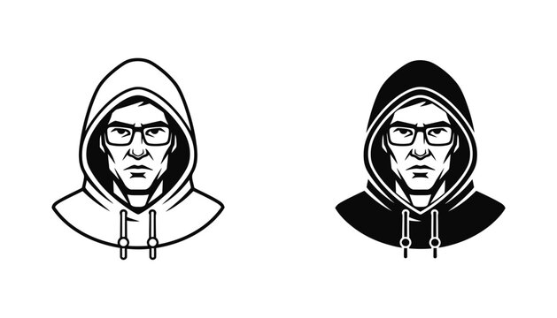 Man with glasses wearing hoodie vector illustration in outline and solid black silhouette graphic style