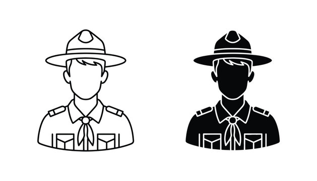 Scout leader or park ranger figure in uniform with hat and neckerchief graphic icon