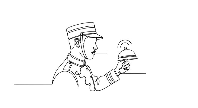 Hotel bellboy holding service bell in minimalist line style