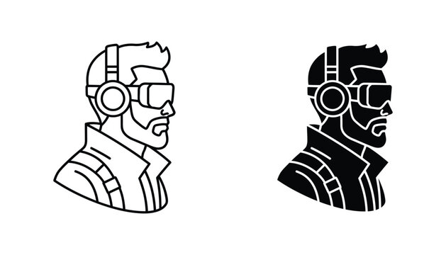 Man wearing virtual reality headset and goggles in outline and silhouette profile view graphic illustration