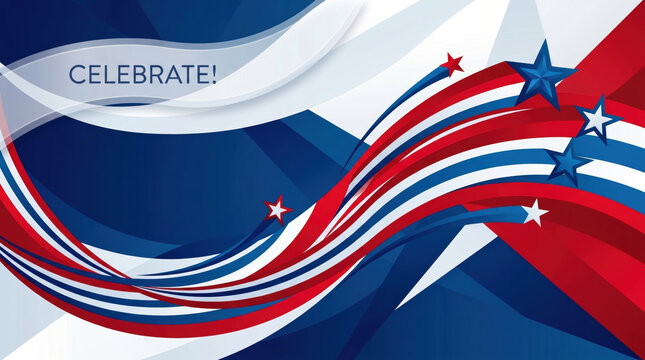 Celebrate with american flag colors flowing in red white and blue with stars shining bright in dynamic patriotic design full of energy and pride