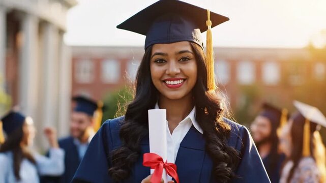 Proud graduate holding diploma at outdoor university ceremony